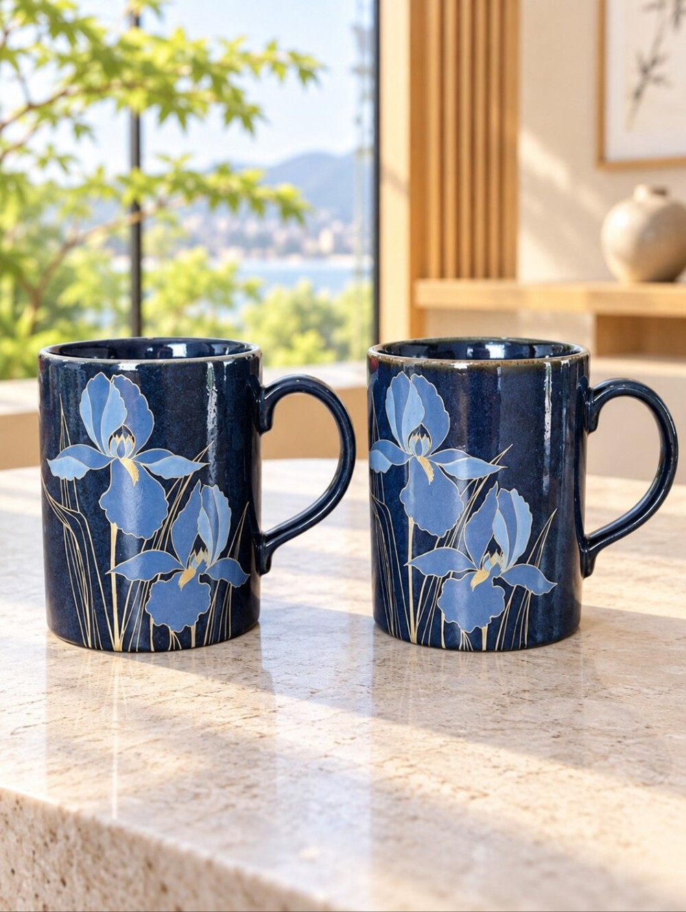Vintage Otagiri Japan Blue Iris 8 oz Mugs Set of 2 Floral Ceramic